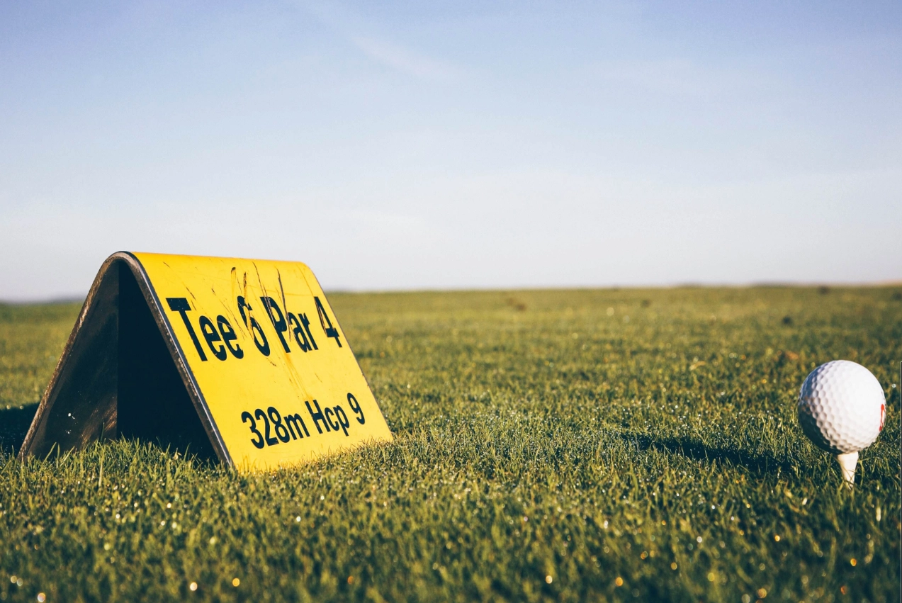 6th yellow tee box sign with a golf ball and blurred background